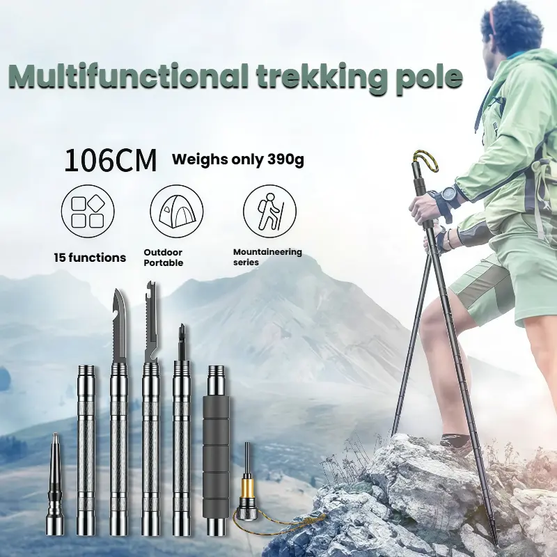 outdoorsmen gift tactical trekking walking Lightweight Adjustable Trekking Pole mountain climb 7-in-1 Tactical Trekking Pole Your Ultimate Outdoor Survival Companion – Compass, Tinder, Saw Blade & More for Hiking & Camping stick multi-scenario camp con