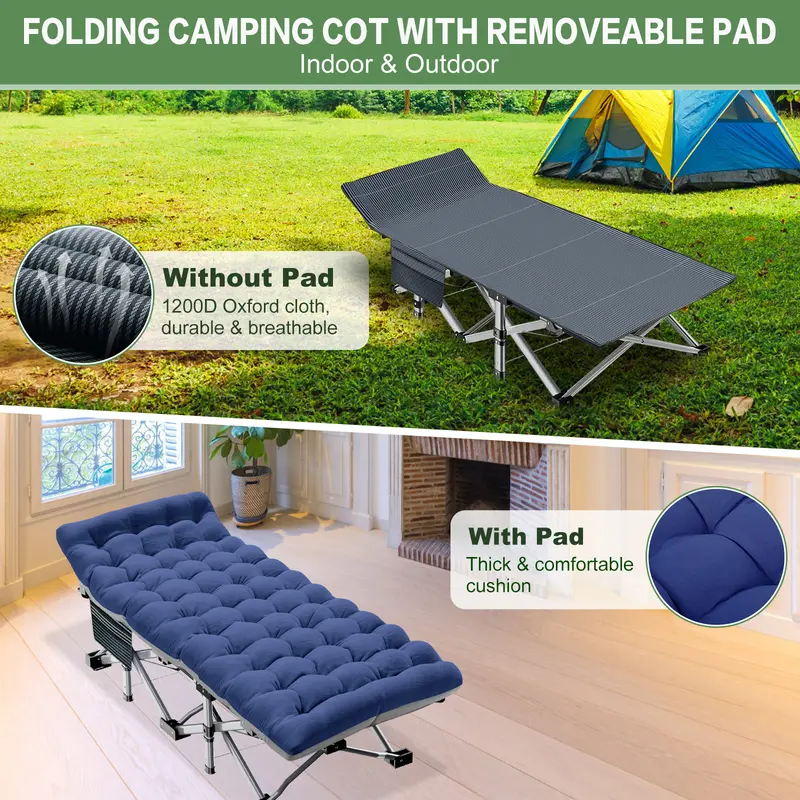 #Summervibes Naudacaa Folding Camping Cot with 2-Sided Mattress – Heavy-Duty, Portable Guest Bed for Camping, Travel, Outdoor & Indoor Use, Supports up to 880 lbs Blue