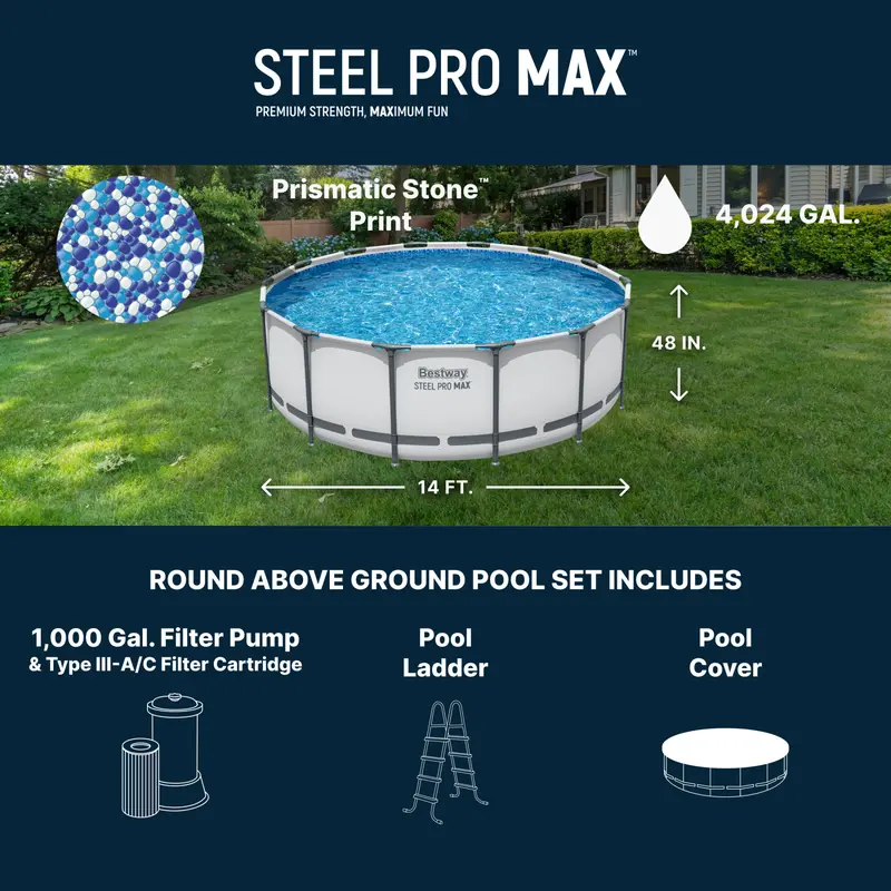 Bestway Steel Pro MAX Round Above Ground Pool Set, Gray (15 Ft | 14 Ft | 13 Ft | Size Options) Complete Set with Filter Pump, Ladder and Cover Fun Gift