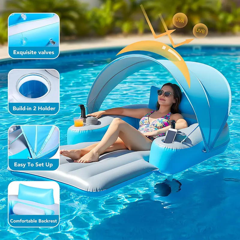 Motorized Pool Float with Canopy, Rechargeable Motorized Floats with Cup Holder – Dual Motor Heavy Duty Electric Lounger Raft for Adults, Pool, Lake & Party，inflatable pool raft