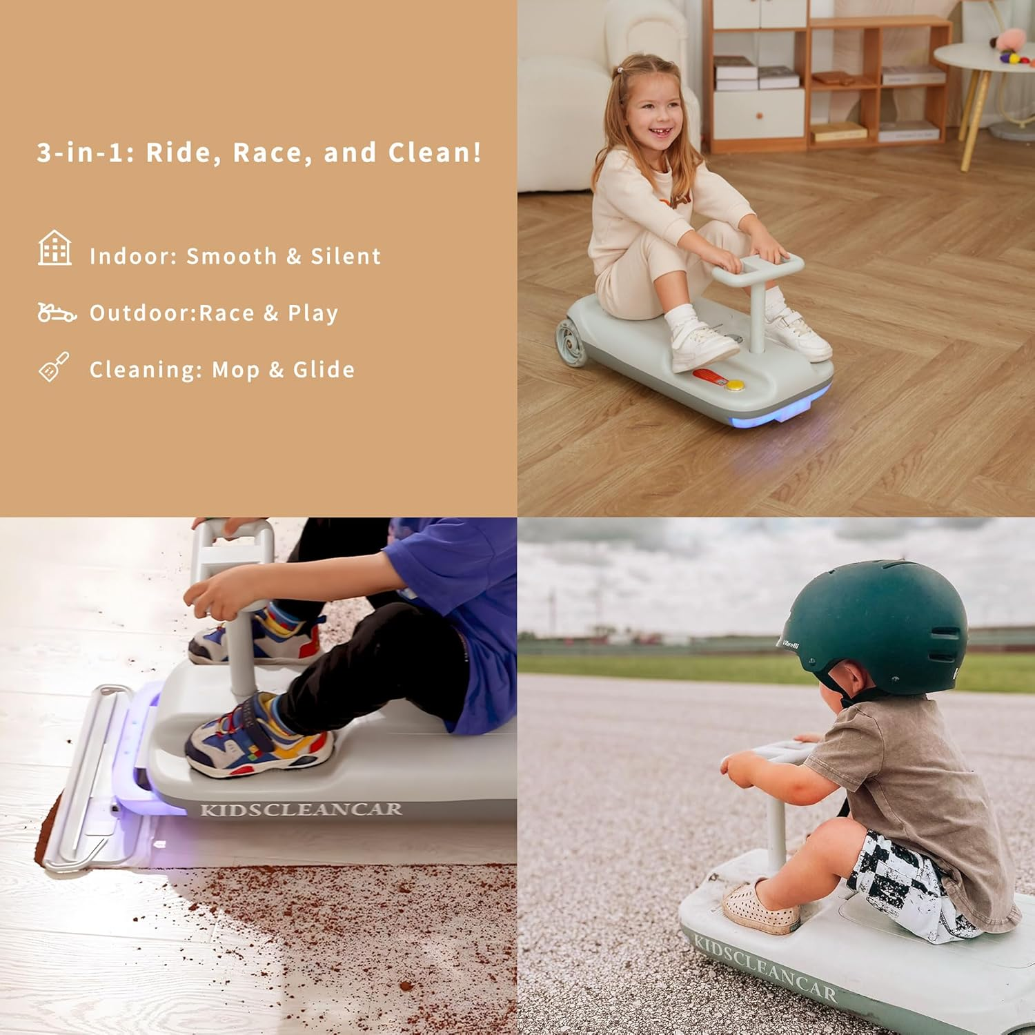 Kids Clean Car Ride-On Go Kart with Detachable Mop, Cleaning Fun 3-in-1 Electric Ride-On Toy for Kids Ages 3+, Parent-Controlled Speed Lock, Soft Start, Rechargeable 12V Battery, Indoor Outdoor