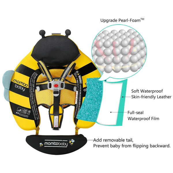 Mambobaby Non-Inflatable Baby Swim Float with Detachable Canopy, UPF 50+ Sun Protection, 5-Point Safety System, for Babies 3-24 Months