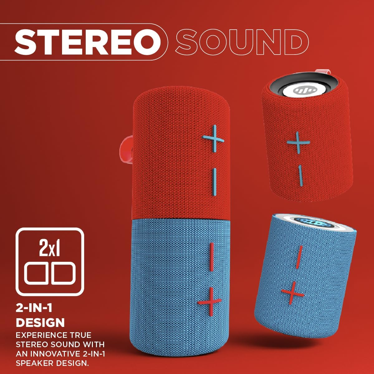 Stromberg - Twin 2-in-1 Mini Portable Bluetooth Speaker, 10W Power, 10-Hour Playtime, Sky Blue and Red