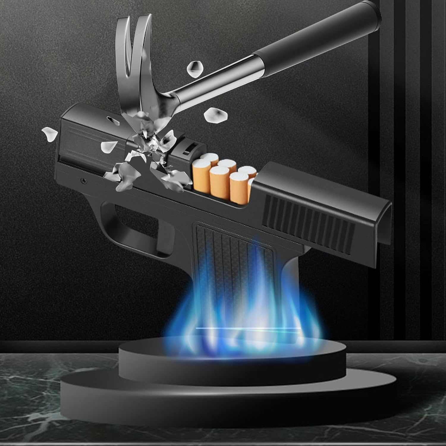 Windproof Lighter with Cigarette Case, Shatterproof, Refillable, Jet Torch, Holds 10 Cigarettes, Black, Modern Style