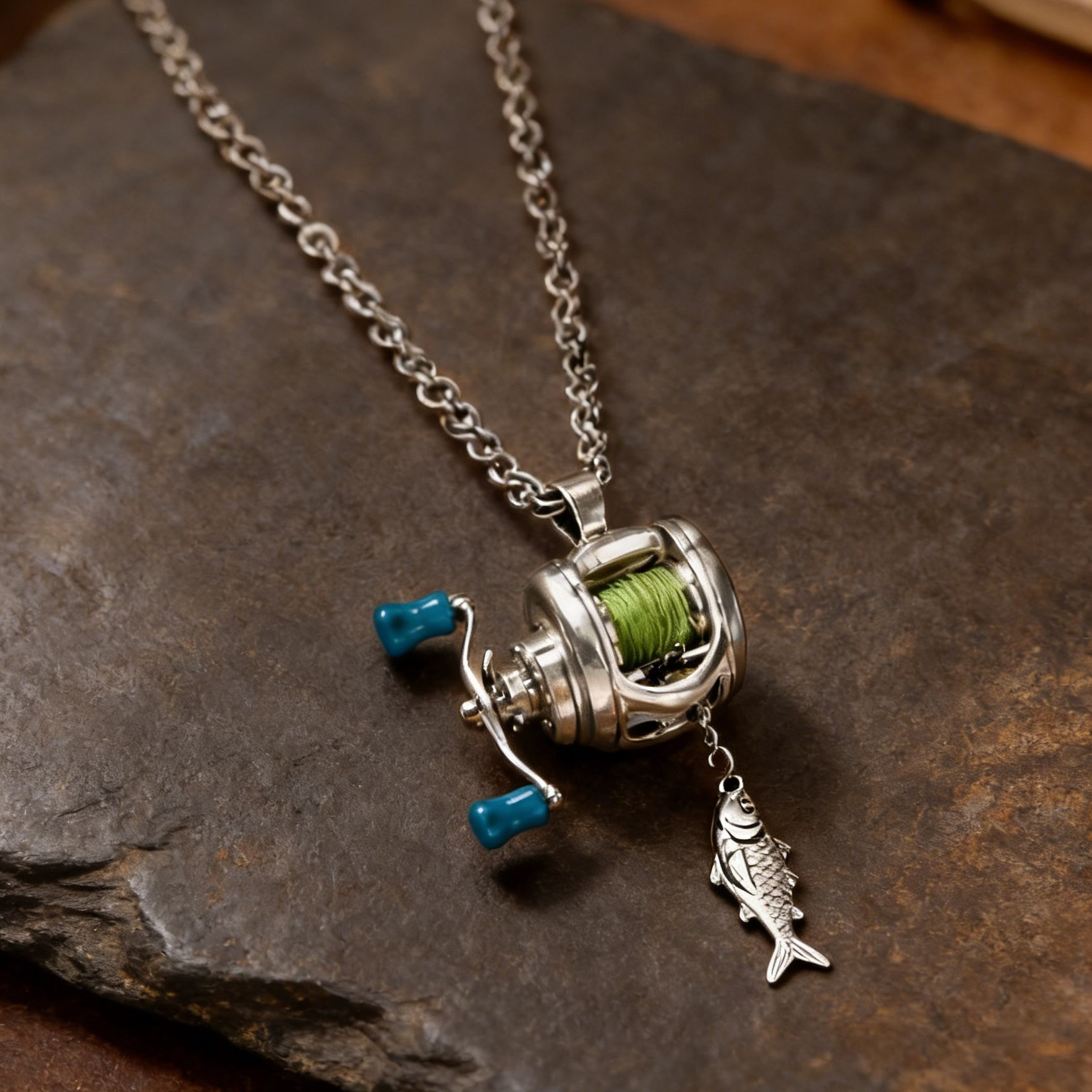 Mini fishing reel necklace