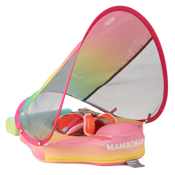 Mambobaby Baby Float with Sunshade Canopy and Crotch Strap Inflatable-free Safe Core Swimming Pool Accessory Bathroom Water Toy
