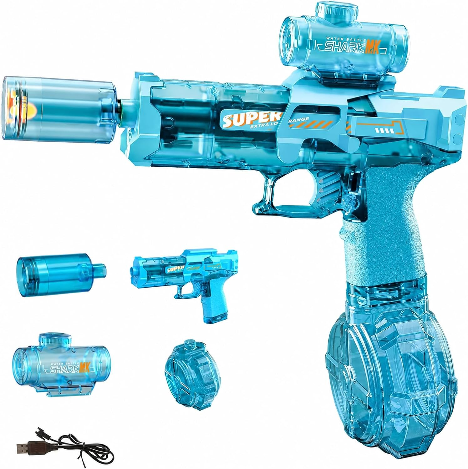 Electric Water Gun for Adults Kids, 2 Pack Automatic Squirt Watergun with Water Spray Sound and Led Lights, Summer Outdoor Water Pistol Pool Beach Party Toys for Boys Girls Transparent Black and Blue