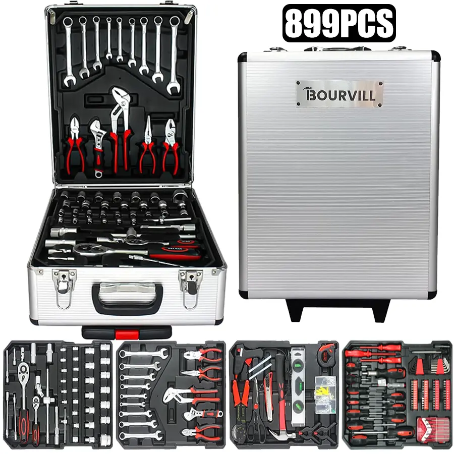Bourvill 899-Piece Tool Set - High-Capacity Portable Metal Tool Case,Wheeled Mobile Tool Cabinet, and 4-Tier Aluminum Alloy Storage Unit- A Complete Kit for Mechanical Repair & Home Maintenance - ThePerfect Father's Day Gift #fathersdaygift