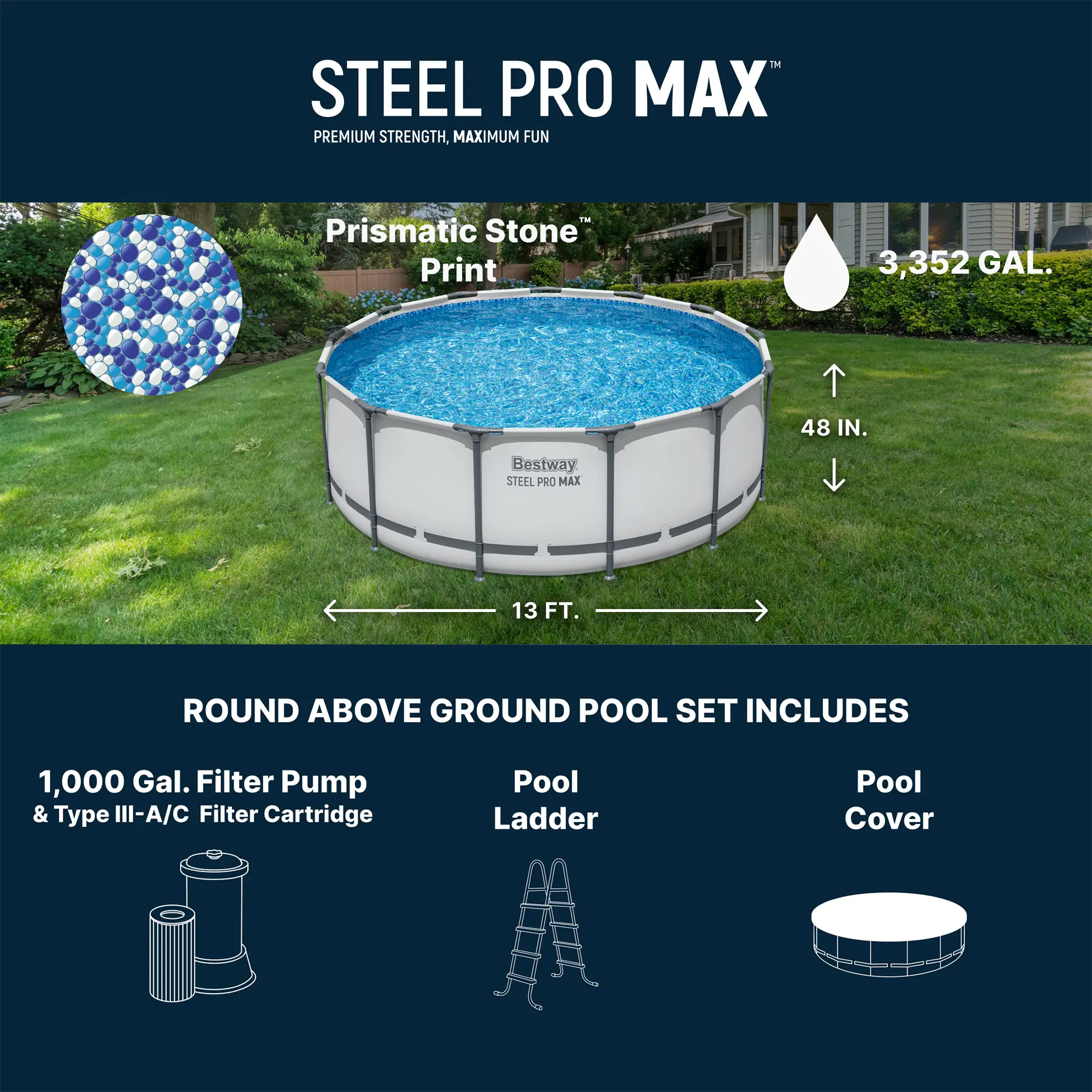 Bestway Steel Pro MAX Round Above Ground Pool Set, Gray (15 Ft | 14 Ft | 13 Ft | Size Options) Complete Set with Filter Pump, Ladder and Cover Fun Gift