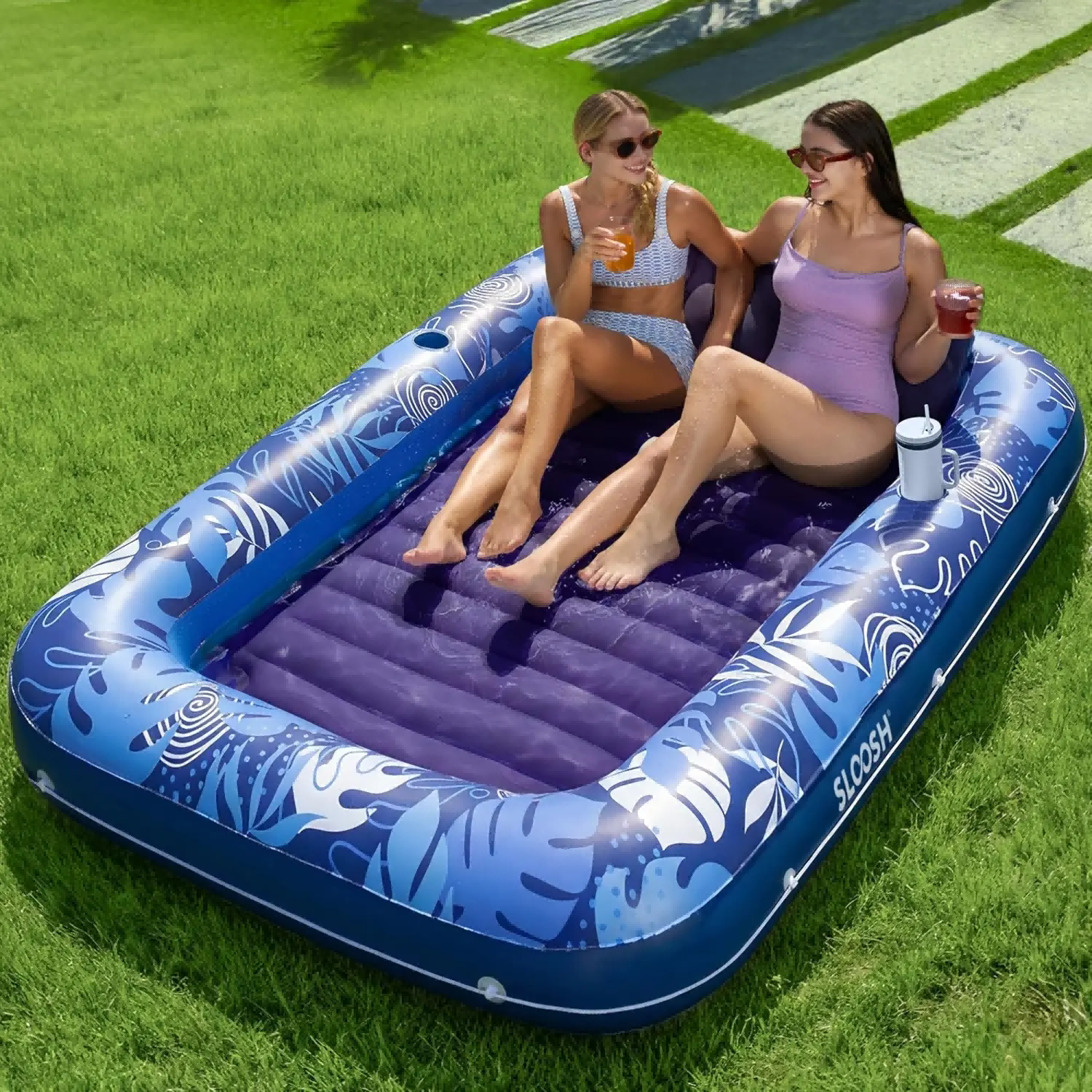 Inflatable Tanning Pool Lounge Float With Cup Holder, 70“X46”/85″ x 57″ Extra Large Pool Floats Adult with Pillow, 4 in 1 Suntan Tub Raft Floatie, Sunbathing Bed Lounge for Water Blow Up Kids Ball Pit Party Gifts