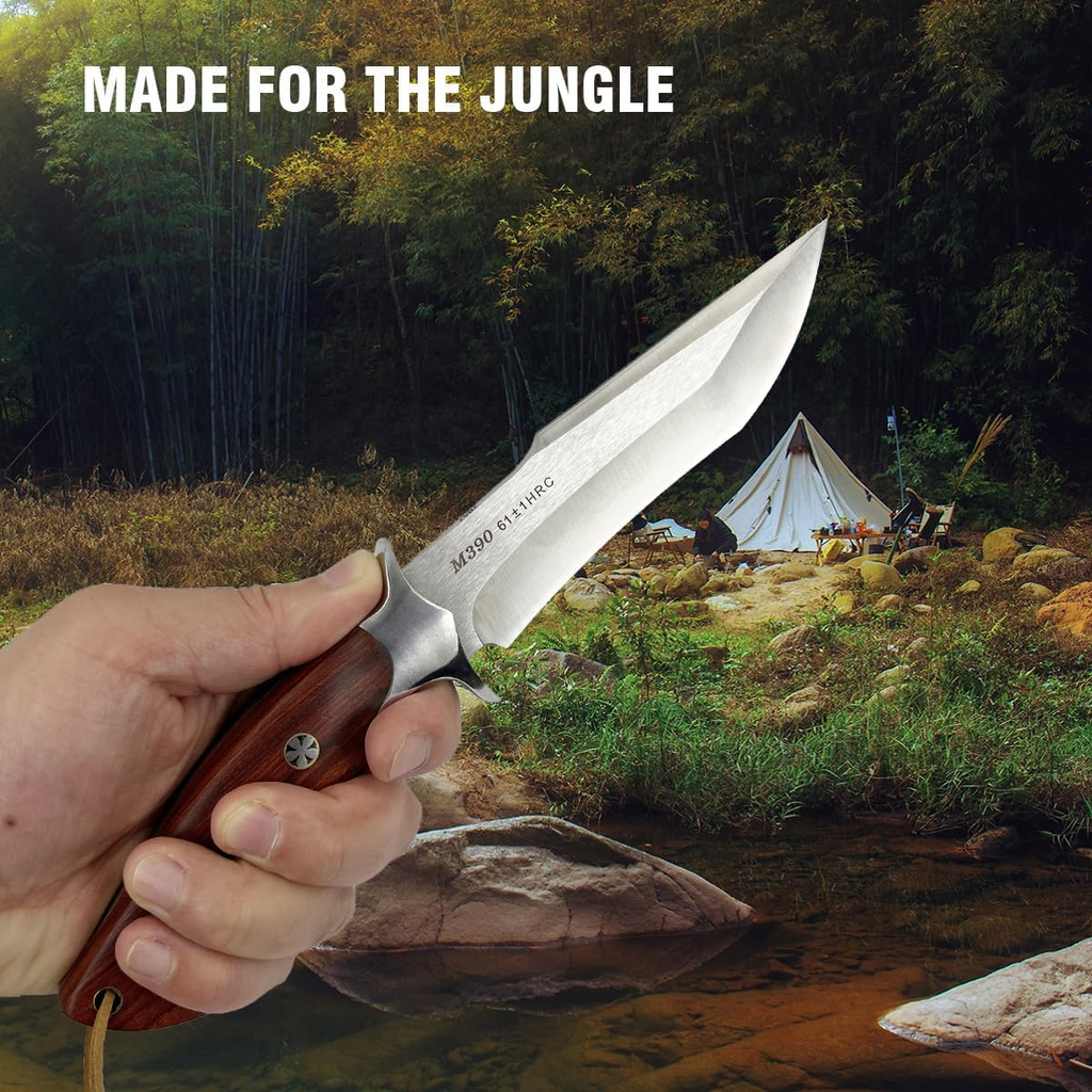M390 Steel Handmade Hunting Knife, Fixed Blade Full-Tang with Leather Sheath, Red Wood Non-Slip Handle - Survival, Tactical, Camping knives，Gifts for men