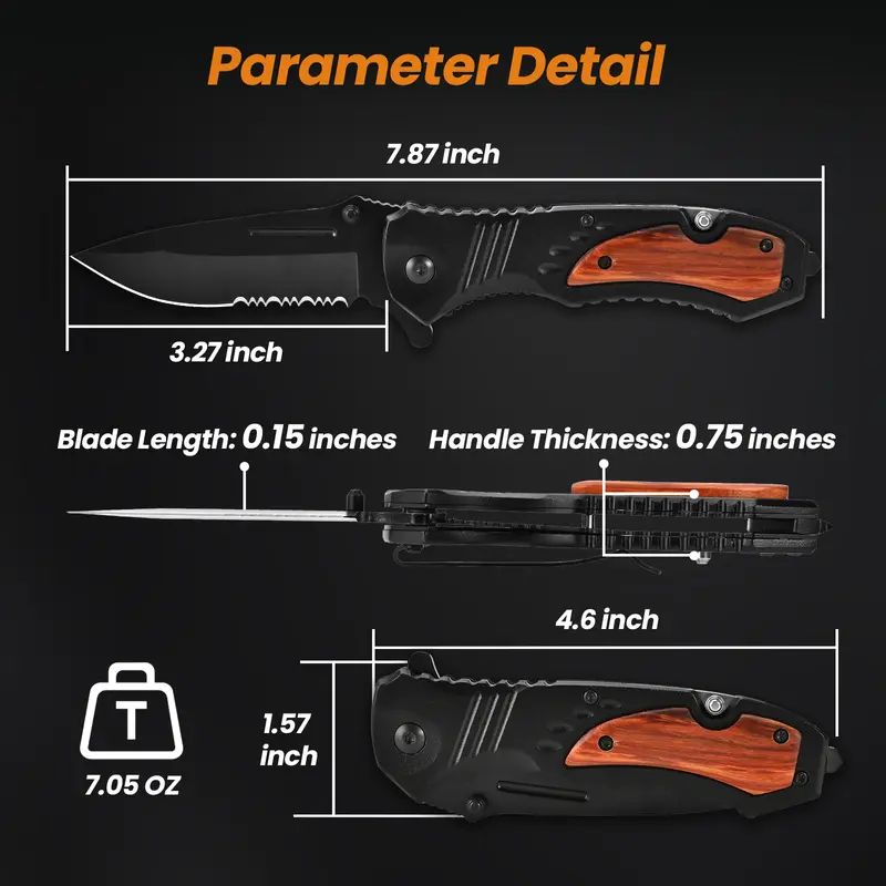 Pocket Knife for Men - Sharp Blade Wood Handle Pocket Folding Knives with Clip, Glass Breaker - EDC Knives for Survival Camping Hunting Fishing Hiking Women, Large, Black