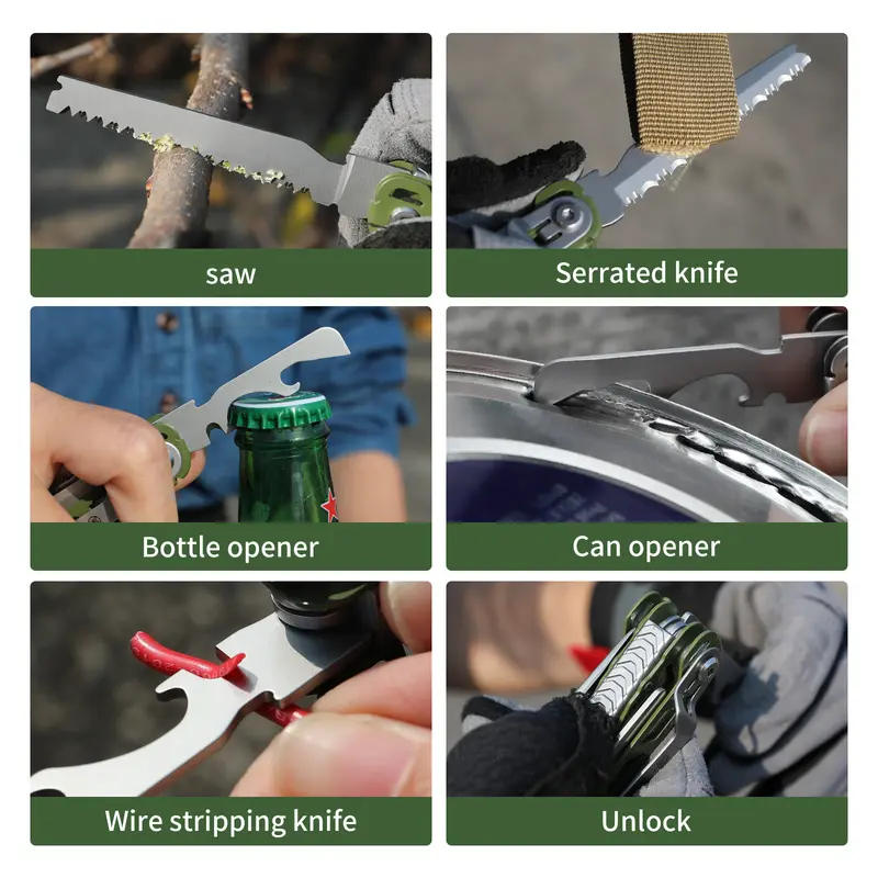 Xhandle MT-18 10-in-1 Pocket EDC Multitool with D2 Stainless Steel, 440A Scissors, Folding Saw, Serrated Cutter, Bottle Opener, Glow Marker, Tungsten Steel Breaker, Green Handle, Outdoor Camping Gear