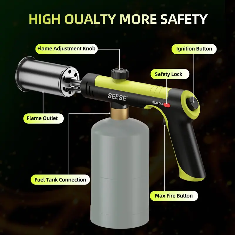 【FathersDayGift】SEESE Powerful Propane Torch(Propane Tank Not Included),With One-Touch Max Fire Button and Safety Lock, Adjustable Blow Torch for Sous Vide Searing Steak, BBQ,Fireplace,Charcoal Wood