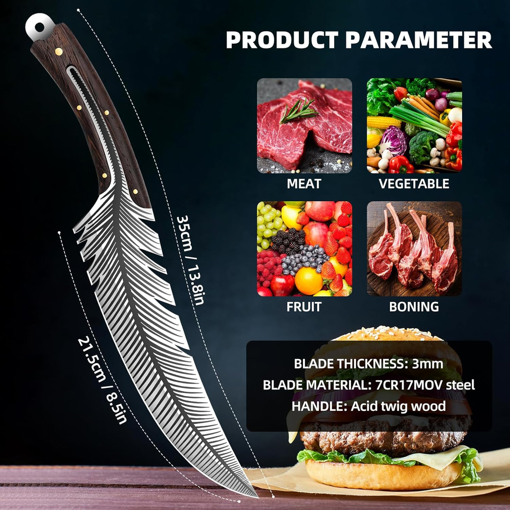 Professional Chef Knives, Sharp Feather Boning Knife with Sheath High Carbon Steel Chef Knife Boning knife for Meat Cutting Cooking for Kitchen Outdoor Camping