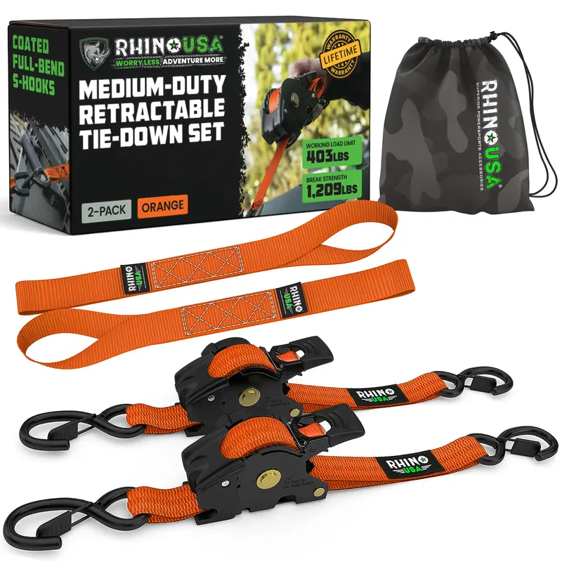 Rhino USA 1" x 10' Retractable Ratchet Straps (select 2 pack or 4 pack) - Medium Duty Self Retracting Tie Down Straps for Truck, Cargo Trailer