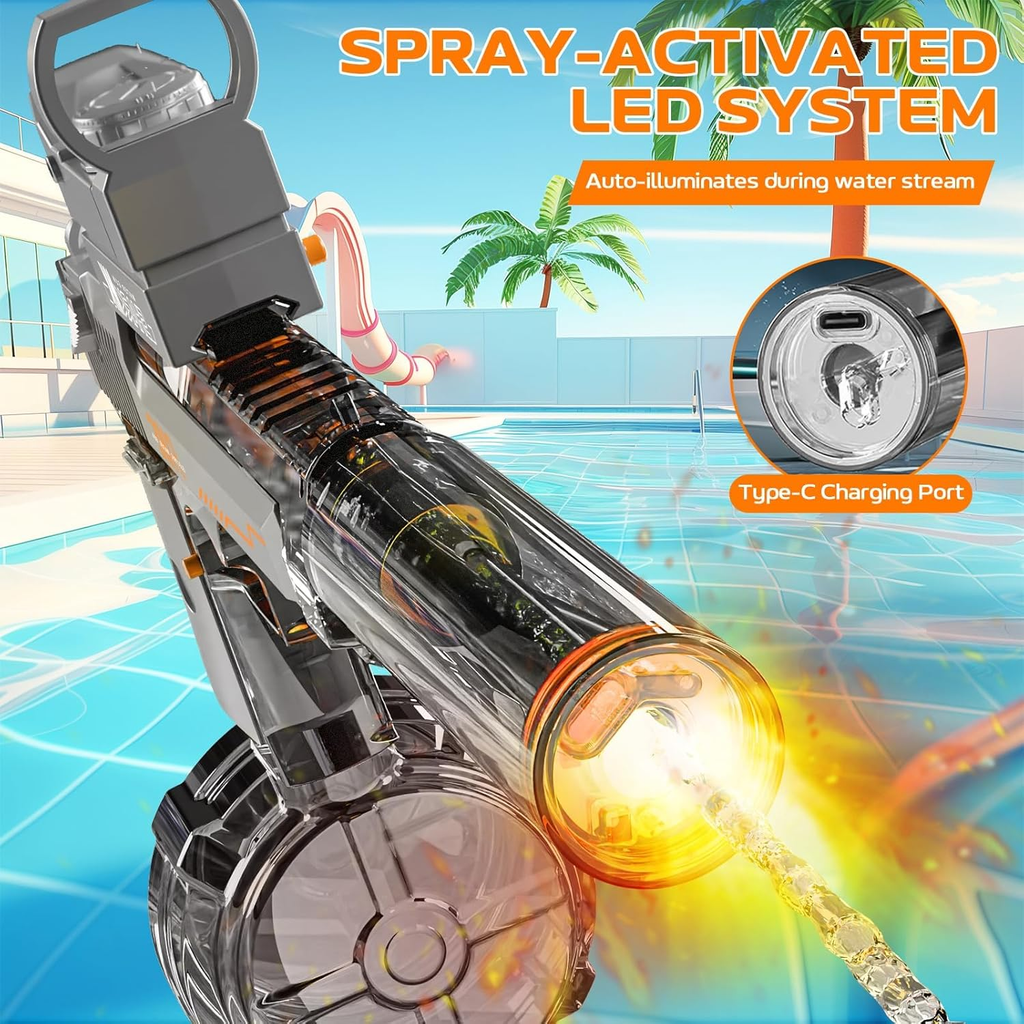 Electric Water Gun for Adults Kids, 2 Pack Automatic Squirt Watergun with Water Spray Sound and Led Lights, Summer Outdoor Water Pistol Pool Beach Party Toys for Boys Girls Transparent Black and Blue