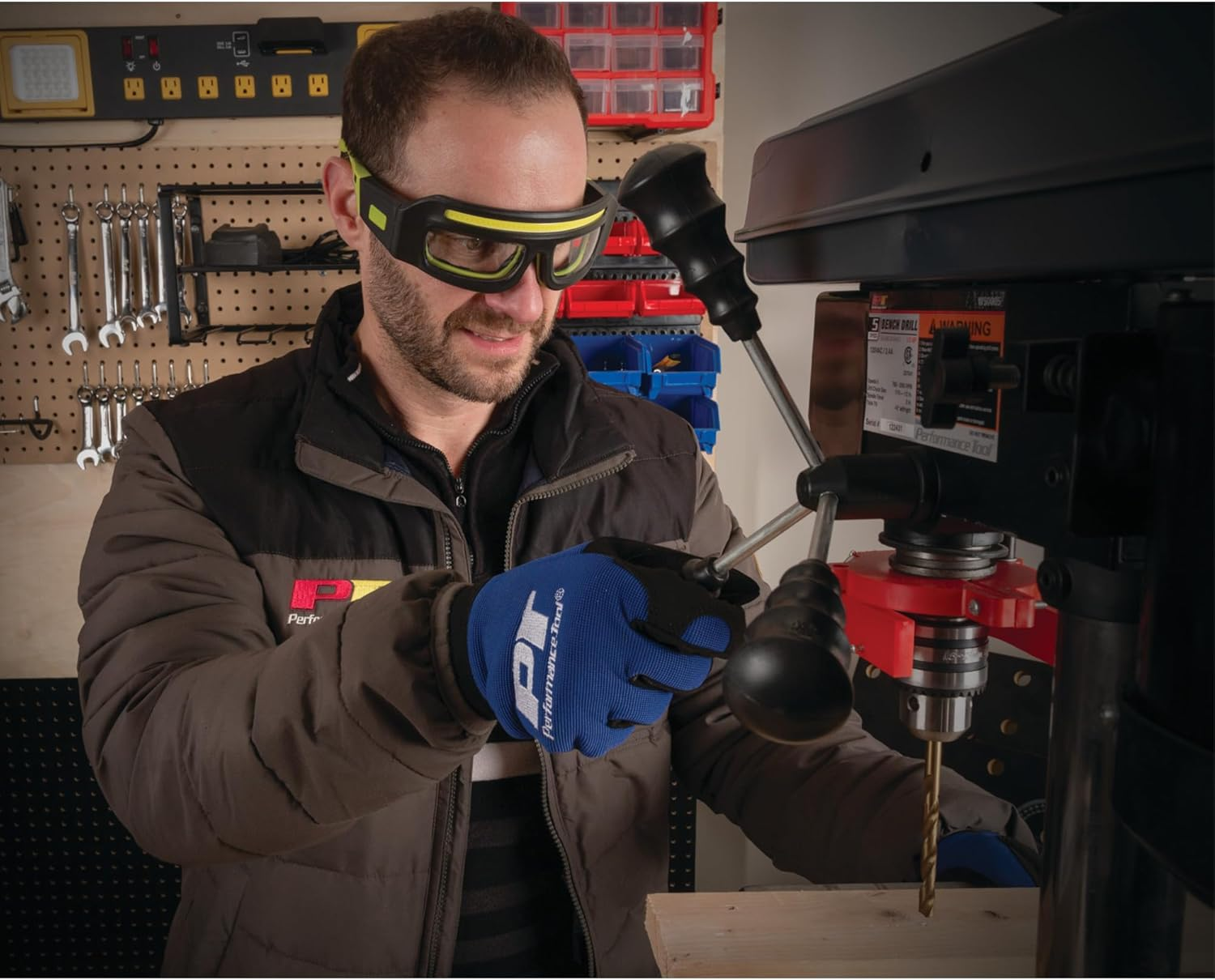 Performance Tool W2699 Firepoint 300LM Li-Ion Lighted Safety Glasses - Cushioned Insert, Water-Resistant, Anti-UV, Anti-Scratch, Impact-Resistant, Black/Green