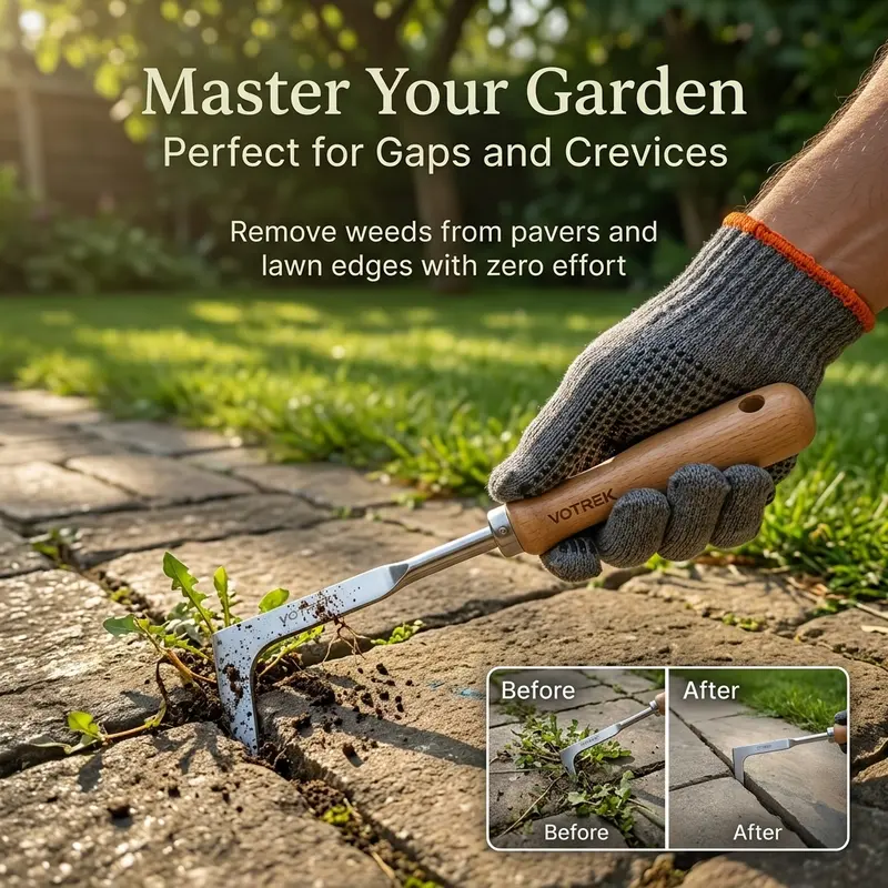 【Fathers Day Gift】 Crack Weeding Tool Stainless Steel Manual Grass Puller Beech Wood Handle for Sidewalk Driveway Patio Paver Narrow Wall Gaps Garden