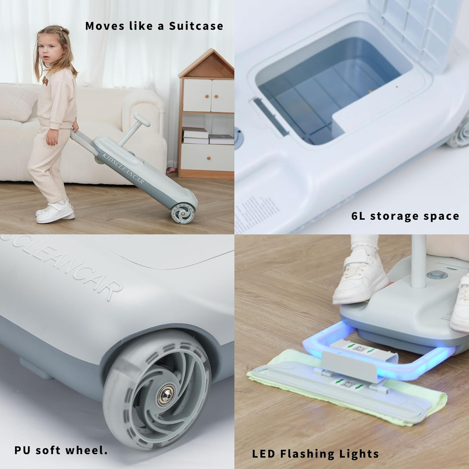 Kids Clean Car Ride-On Go Kart with Detachable Mop, Cleaning Fun 3-in-1 Electric Ride-On Toy for Kids Ages 3+, Parent-Controlled Speed Lock, Soft Start, Rechargeable 12V Battery, Indoor Outdoor