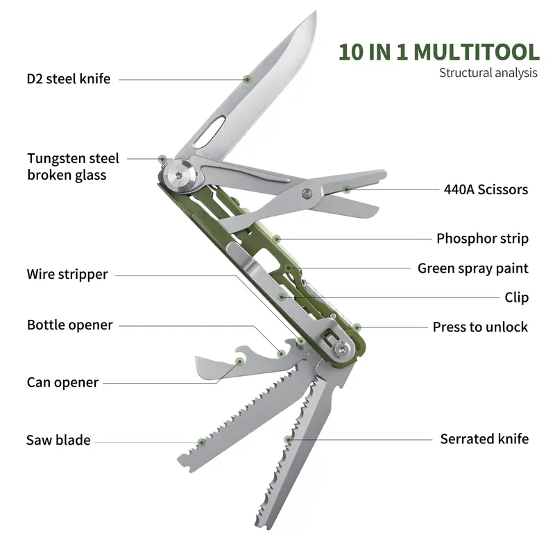 Xhandle MT-18 10-in-1 Pocket EDC Multitool with D2 Stainless Steel, 440A Scissors, Folding Saw, Serrated Cutter, Bottle Opener, Glow Marker, Tungsten Steel Breaker, Green Handle, Outdoor Camping Gear