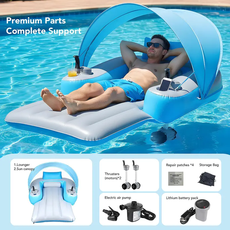 Motorized Pool Float with Canopy, Rechargeable Motorized Floats with Cup Holder – Dual Motor Heavy Duty Electric Lounger Raft for Adults, Pool, Lake & Party，inflatable pool raft
