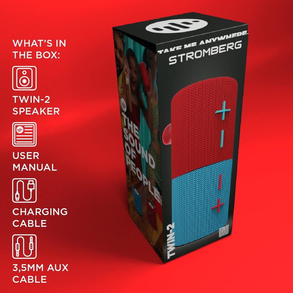 Stromberg - Twin 2-in-1 Mini Portable Bluetooth Speaker, 10W Power, 10-Hour Playtime, Sky Blue and Red