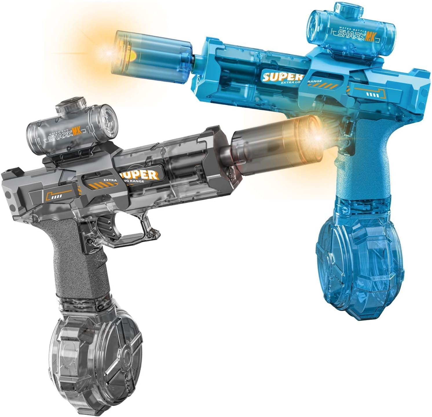 Electric Water Gun for Adults Kids, 2 Pack Automatic Squirt Watergun with Water Spray Sound and Led Lights, Summer Outdoor Water Pistol Pool Beach Party Toys for Boys Girls Transparent Black and Blue