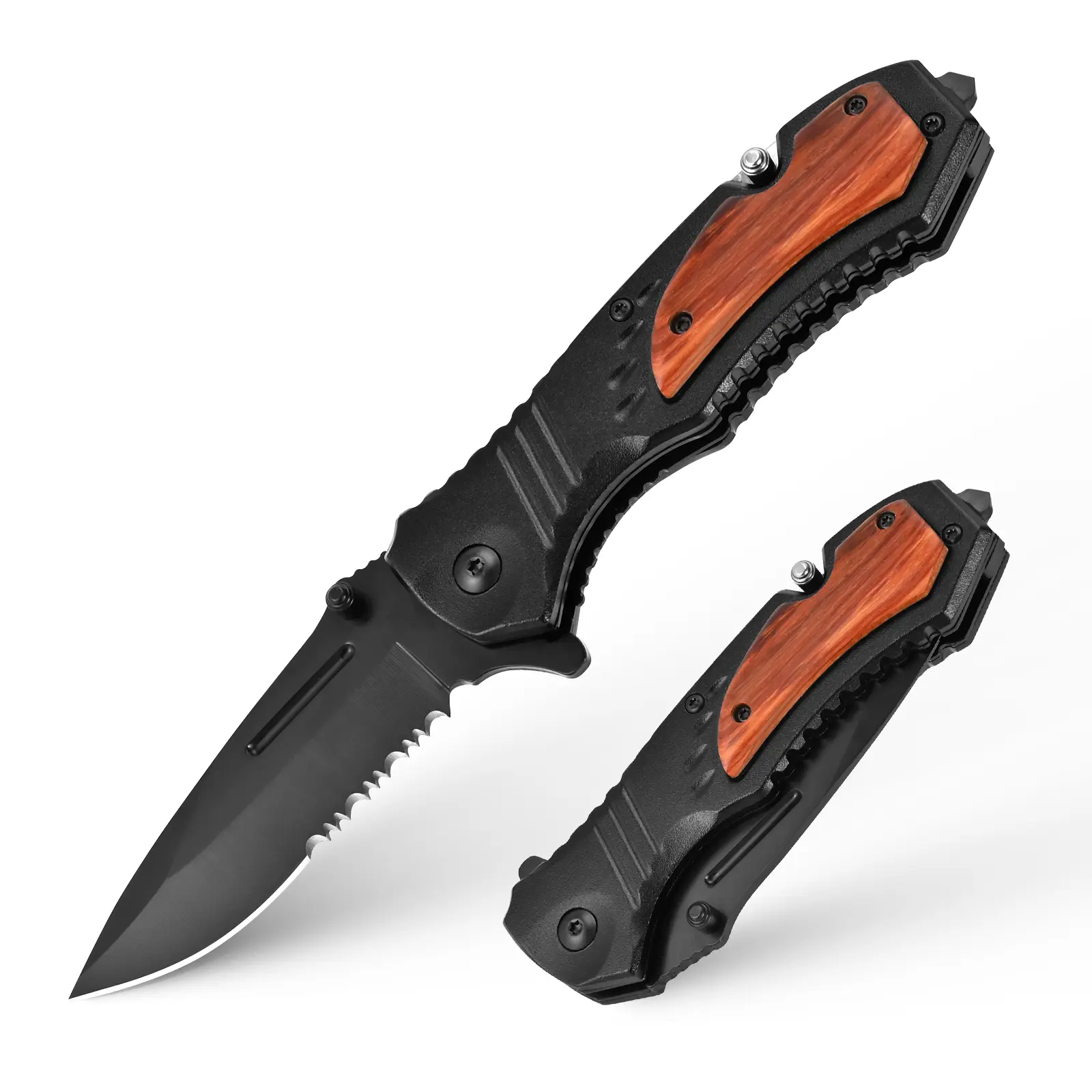 Pocket Knife for Men - Sharp Blade Wood Handle Pocket Folding Knives with Clip, Glass Breaker - EDC Knives for Survival Camping Hunting Fishing Hiking Women, Large, Black
