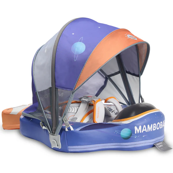 Mambobaby Non-Inflatable Baby Swim Float with Detachable Canopy, UPF 50+ Sun Protection, 5-Point Safety System, for Babies 3-24 Months