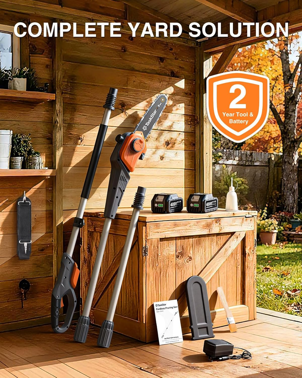 TaskStar 2-in-1 Pole Saw for Tree Trimming, 8-Inch Cordless Brushless Chainsaw with Adjustable Extension Pole, 2×4.0Ah Rechargeable Batteries & Charger, Auto Oiling, 15 Ft Max Reach
