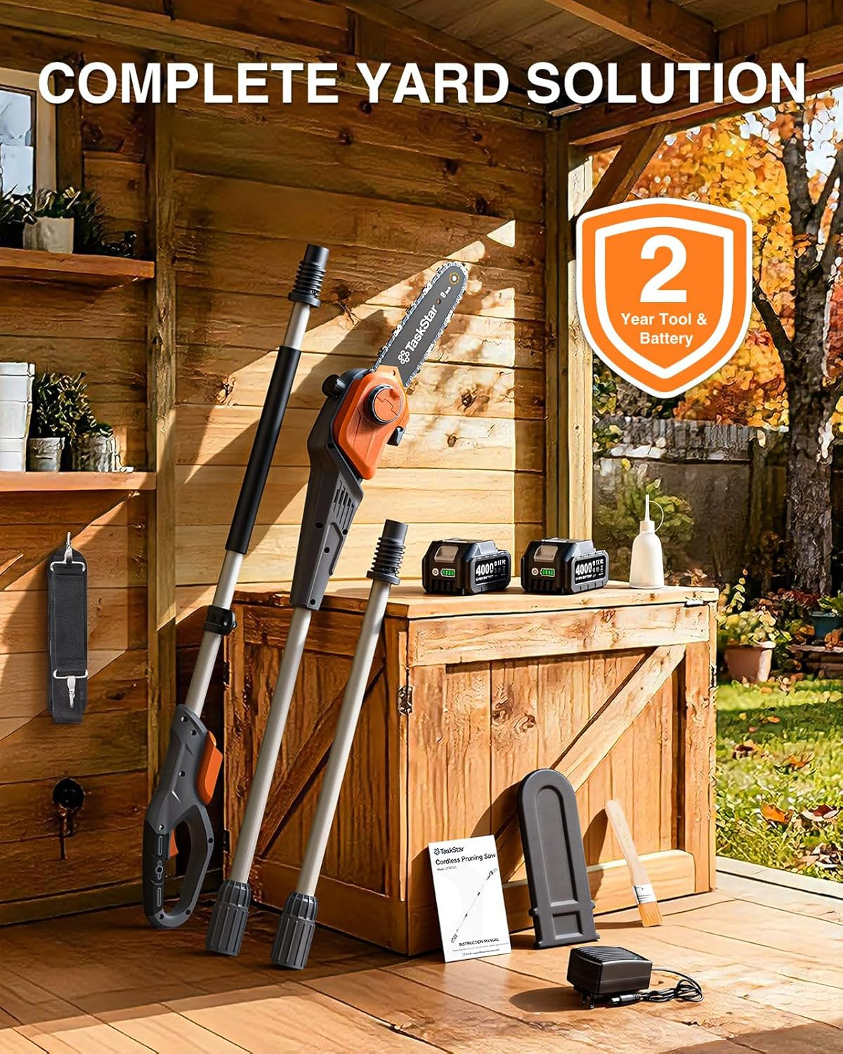 TaskStar 2-in-1 Pole Saw for Tree Trimming, 8-Inch Cordless Brushless Chainsaw with Adjustable Extension Pole, 2×4.0Ah Rechargeable Batteries & Charger, Auto Oiling, 15 Ft Max Reach