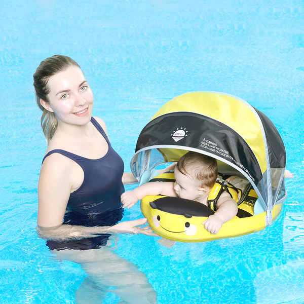 Mambobaby Non-Inflatable Baby Swim Float with Detachable Canopy, UPF 50+ Sun Protection, 5-Point Safety System, for Babies 3-24 Months