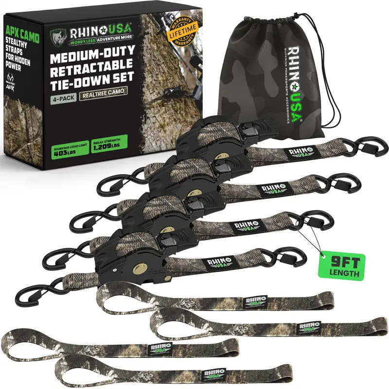Rhino USA 1" x 10' Retractable Ratchet Straps (select 2 pack or 4 pack) - Medium Duty Self Retracting Tie Down Straps for Truck, Cargo Trailer