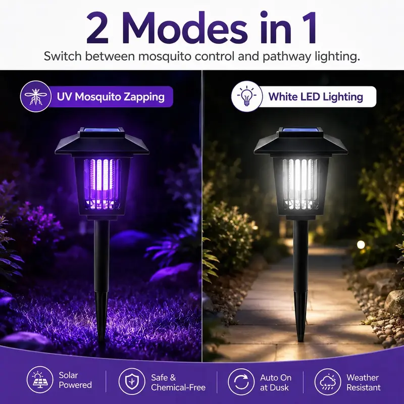 Solar Mosquito Zapper Light – Outdoor Garden Stake Lamp, UV Insect Killer, Solar Powered, Dual Mode (Mosquito Control + Pathway Lighting), Weather Resistant, Easy Setup
