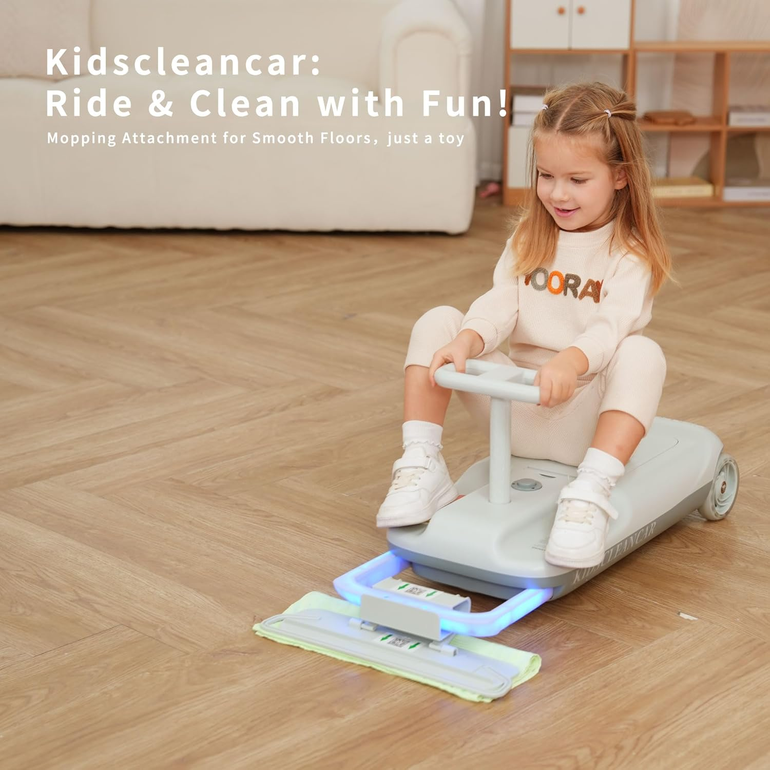 Kids Clean Car Ride-On Go Kart with Detachable Mop, Cleaning Fun 3-in-1 Electric Ride-On Toy for Kids Ages 3+, Parent-Controlled Speed Lock, Soft Start, Rechargeable 12V Battery, Indoor Outdoor