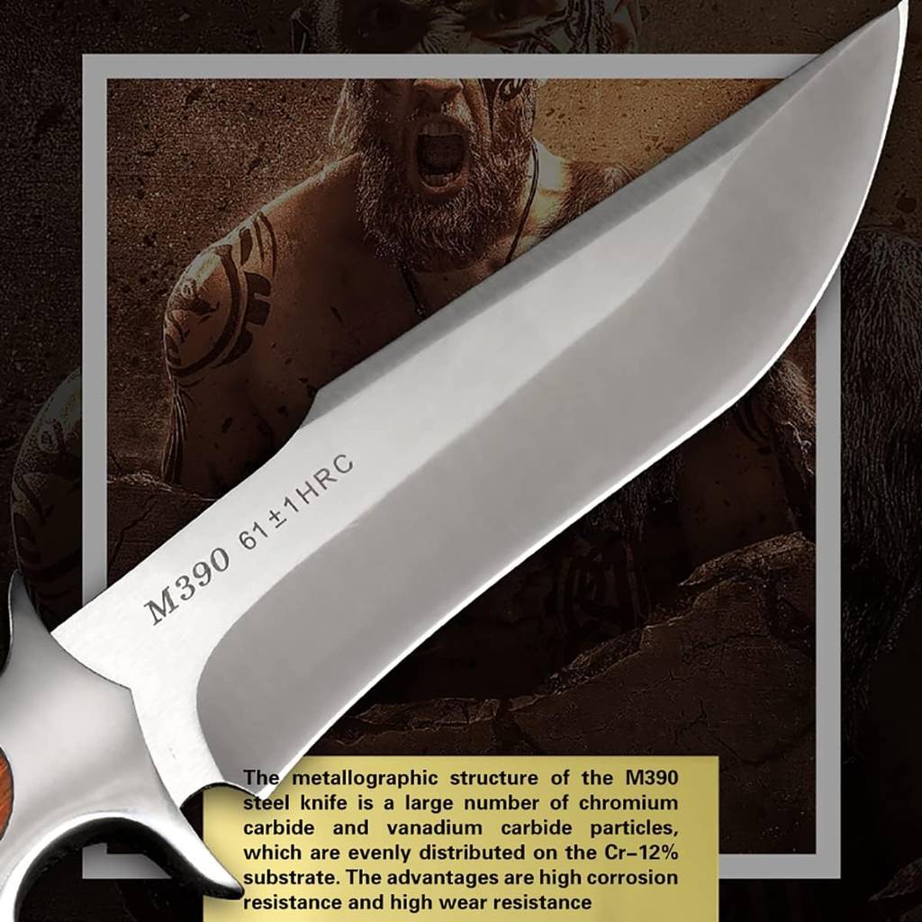 M390 Steel Handmade Hunting Knife, Fixed Blade Full-Tang with Leather Sheath, Red Wood Non-Slip Handle - Survival, Tactical, Camping knives，Gifts for men