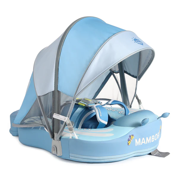Mambobaby Non-Inflatable Baby Swim Float with Detachable Canopy, UPF 50+ Sun Protection, 5-Point Safety System, for Babies 3-24 Months