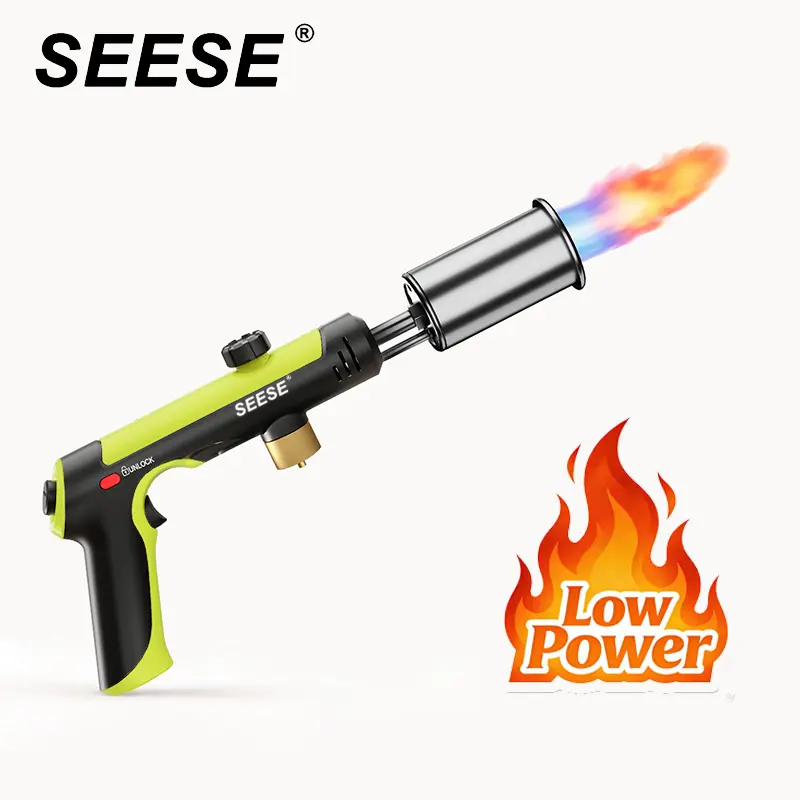 【FathersDayGift】SEESE Powerful Propane Torch(Propane Tank Not Included),With One-Touch Max Fire Button and Safety Lock, Adjustable Blow Torch for Sous Vide Searing Steak, BBQ,Fireplace,Charcoal Wood