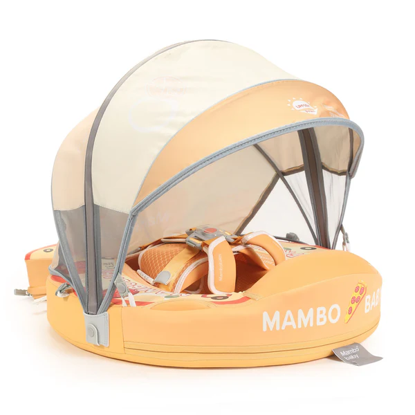 Mambobaby Non-Inflatable Baby Swim Float with Detachable Canopy, UPF 50+ Sun Protection, 5-Point Safety System, for Babies 3-24 Months