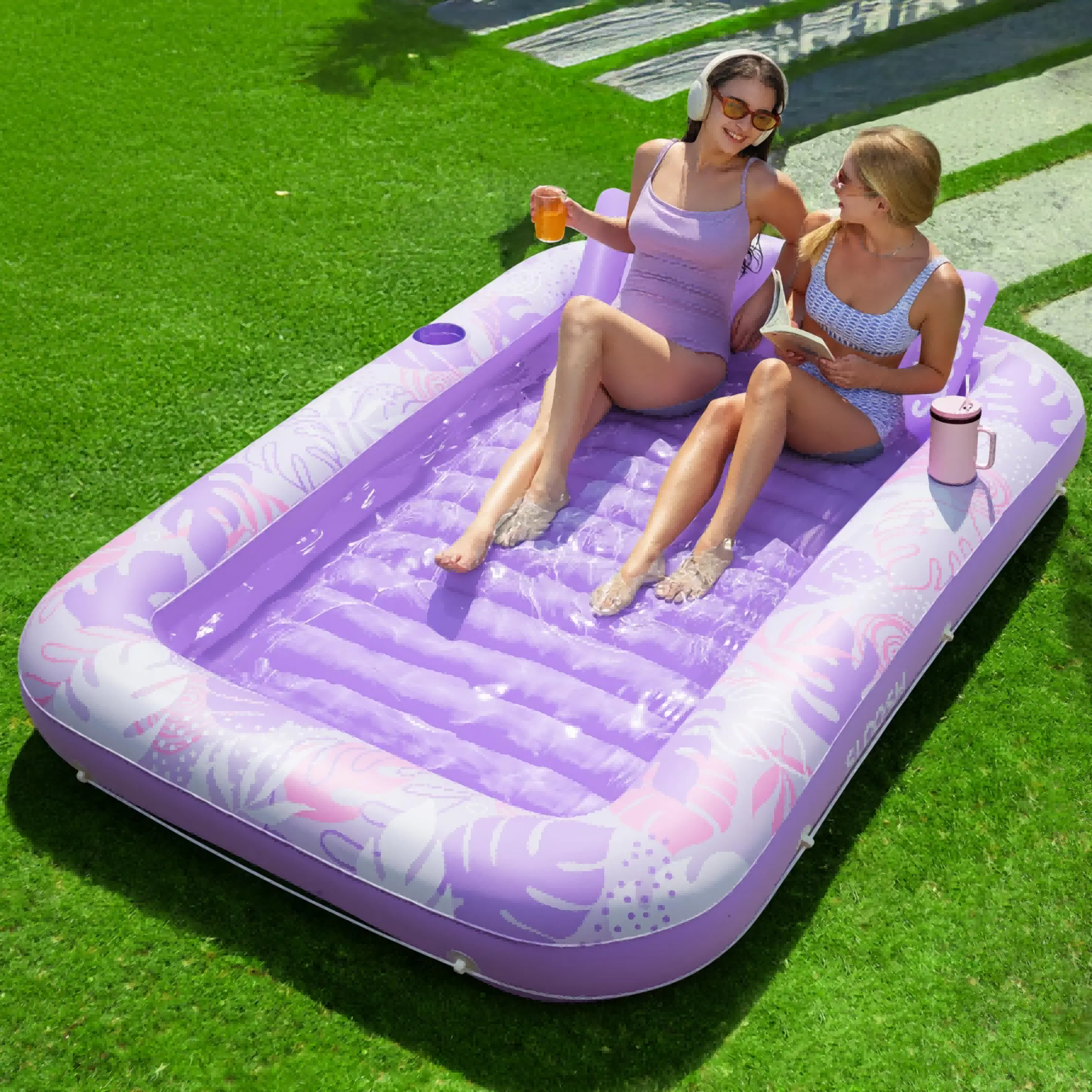 Inflatable Tanning Pool Lounge Float With Cup Holder, 70“X46”/85″ x 57″ Extra Large Pool Floats Adult with Pillow, 4 in 1 Suntan Tub Raft Floatie, Sunbathing Bed Lounge for Water Blow Up Kids Ball Pit Party Gifts