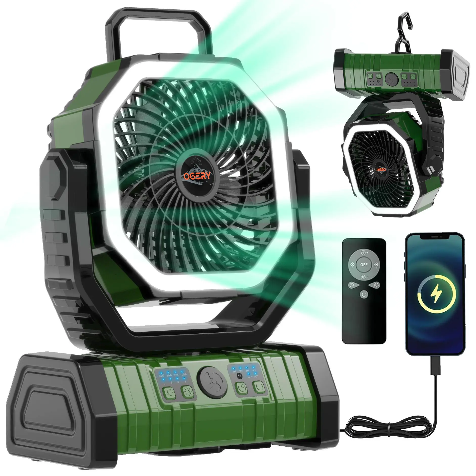 OGERY Rechargeable Camping Fan with LED Light, Portable Multi-functional Fan with 360° Rotating Hook, Oscillating Emergency Camping Fan Cordless Rotatable Battery Powered Lightweight #Summervibes