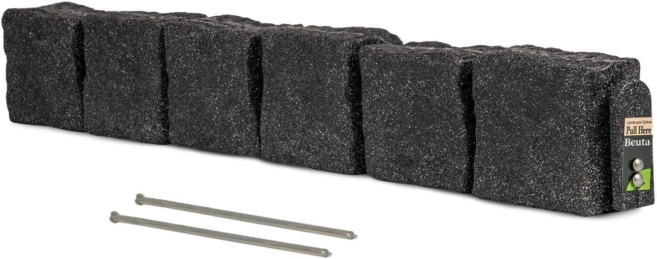 Beuta Landscape Edging | Garden Edging Border | Faux Stone Blocks for Lawn Edging, Flower Beds & Yard Edging – 1 Pack | Each Section Has 6 Blocks 48" L x 4" W x 6.5" H | 2 Spikes | Limewash