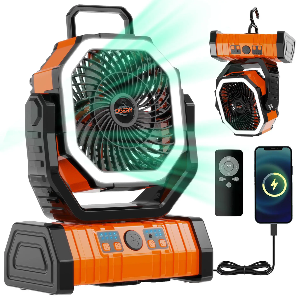 OGERY Rechargeable Camping Fan with LED Light, Portable Multi-functional Fan with 360° Rotating Hook, Oscillating Emergency Camping Fan Cordless Rotatable Battery Powered Lightweight #Summervibes