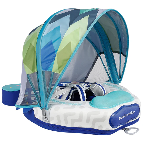 Mambobaby Non-Inflatable Baby Swim Float with Detachable Canopy, UPF 50+ Sun Protection, 5-Point Safety System, for Babies 3-24 Months