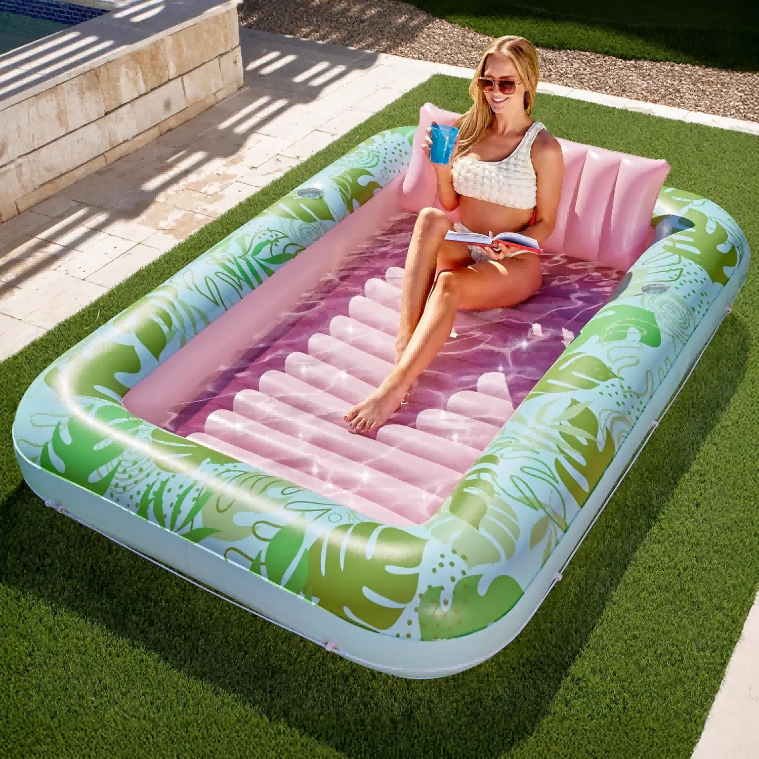 Inflatable Tanning Pool Lounge Float With Cup Holder, 70“X46”/85″ x 57″ Extra Large Pool Floats Adult with Pillow, 4 in 1 Suntan Tub Raft Floatie, Sunbathing Bed Lounge for Water Blow Up Kids Ball Pit Party Gifts