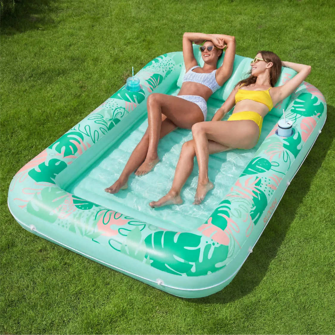 Inflatable Tanning Pool Lounge Float With Cup Holder, 70“X46”/85″ x 57″ Extra Large Pool Floats Adult with Pillow, 4 in 1 Suntan Tub Raft Floatie, Sunbathing Bed Lounge for Water Blow Up Kids Ball Pit Party Gifts