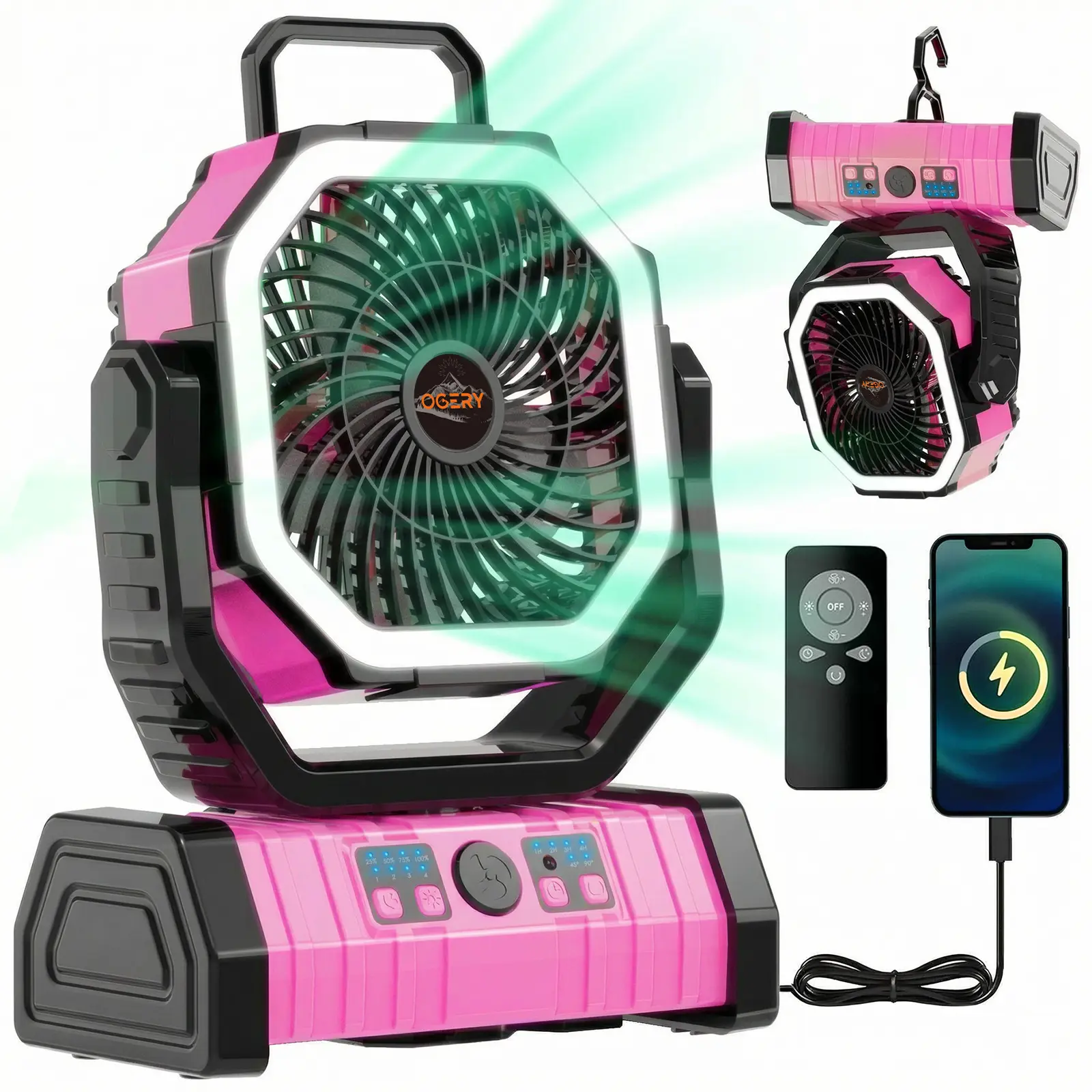 OGERY Rechargeable Camping Fan with LED Light, Portable Multi-functional Fan with 360° Rotating Hook, Oscillating Emergency Camping Fan Cordless Rotatable Battery Powered Lightweight #Summervibes
