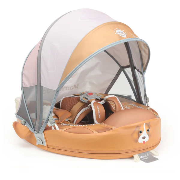Mambobaby Non-Inflatable Baby Swim Float with Detachable Canopy, UPF 50+ Sun Protection, 5-Point Safety System, for Babies 3-24 Months