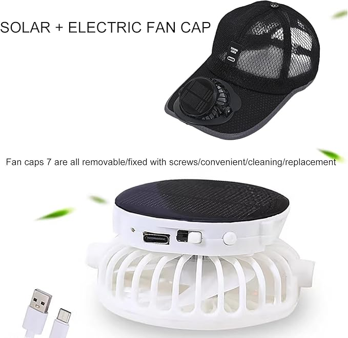 Solar Fan Hat - Hat with Solar Powered Fan, Mens Baseball Cap with Solar Fan, Breathable UV Protection Beach Hat with Cooling Fan, Solar Powered/USB Charging Fan Hat for Camping, Outdoor Sport